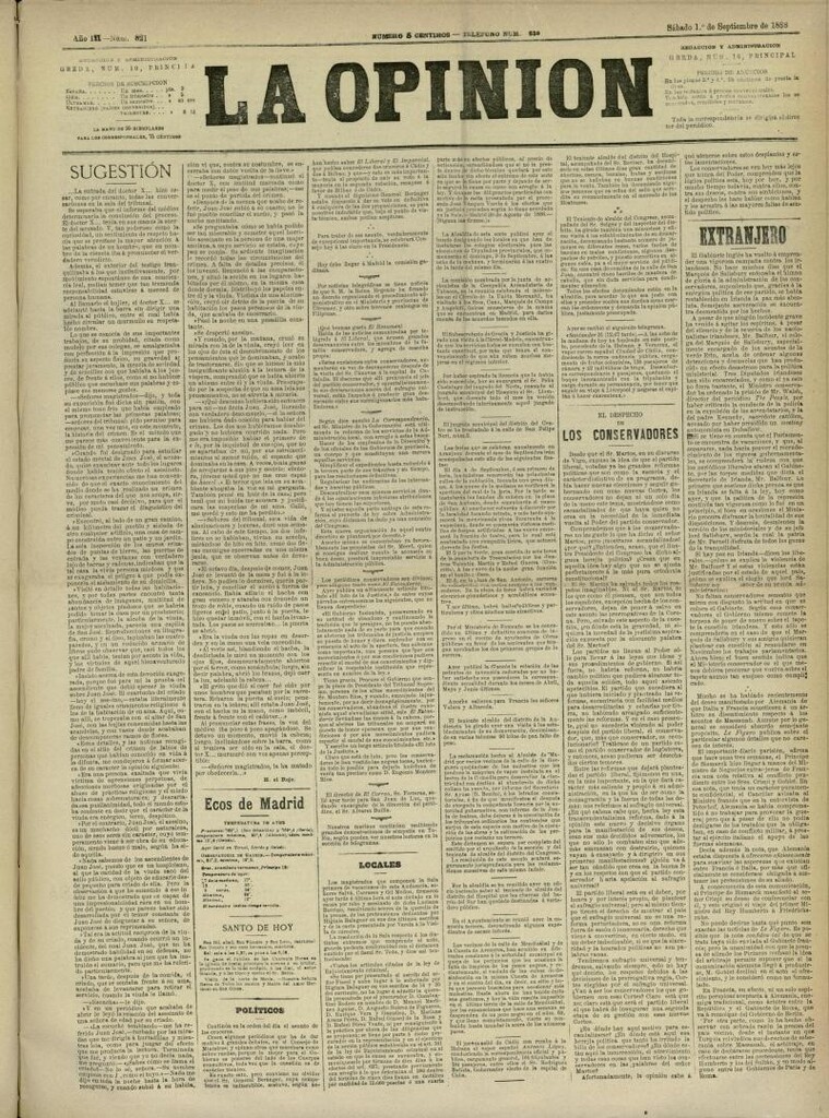 Miniatura de La Opinión del 1 de septiembre de 1888, nº 821