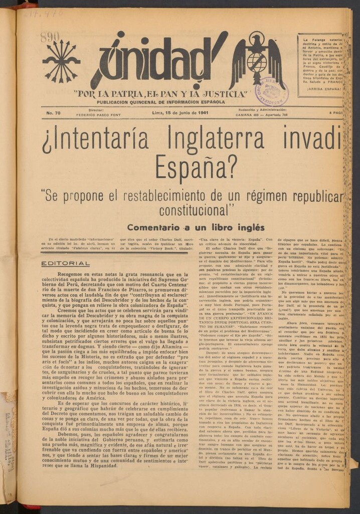 Miniatura de ¡Unidad! : órgano quincenal de la delegación de F.E.T. de las J.O.N.S. del 15 de junio de 1941