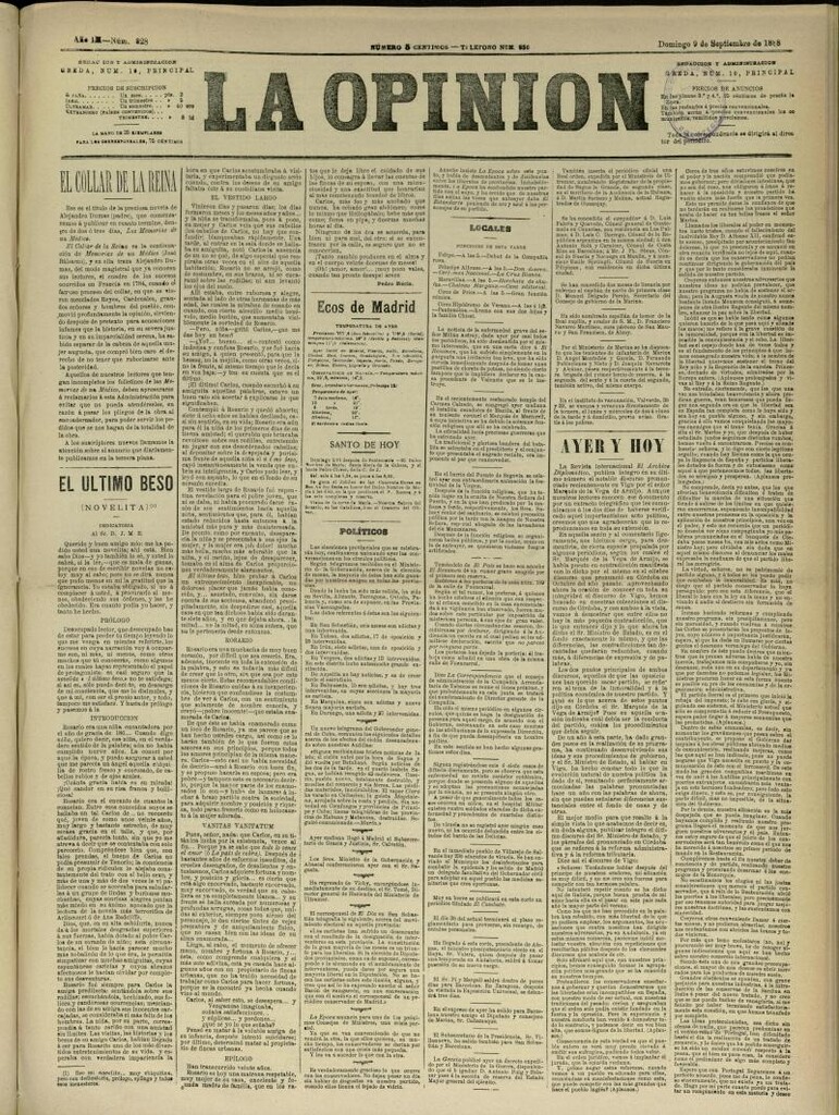 Miniatura de La Opinión del 9 de septiembre de 1888, nº 828