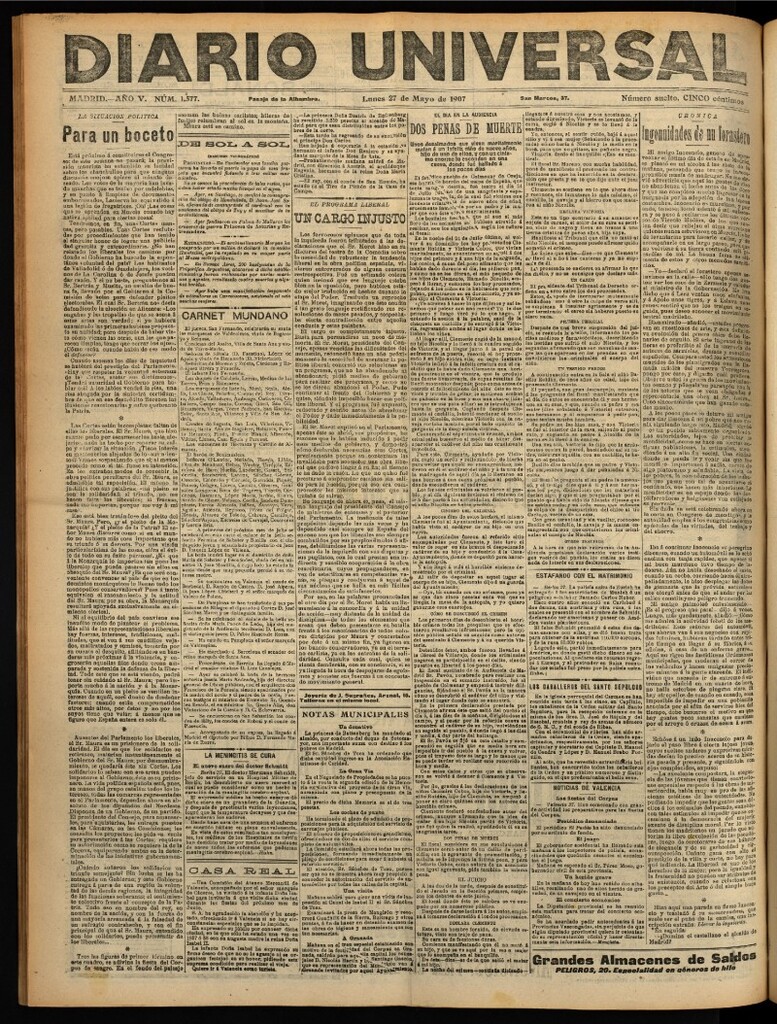 Miniatura de Diario Universal del 27 de mayo de 1907, edición de noche