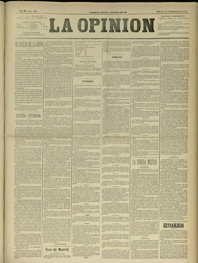 Miniatura de La Opinión del 12 de septiembre de 1888, nº 829