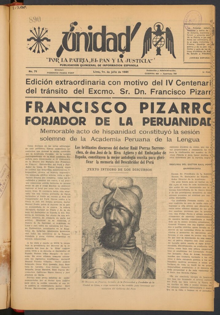 Miniatura de ¡Unidad! : órgano quincenal de la delegación de F.E.T. de las J.O.N.S. del 1 de julio de 1941
