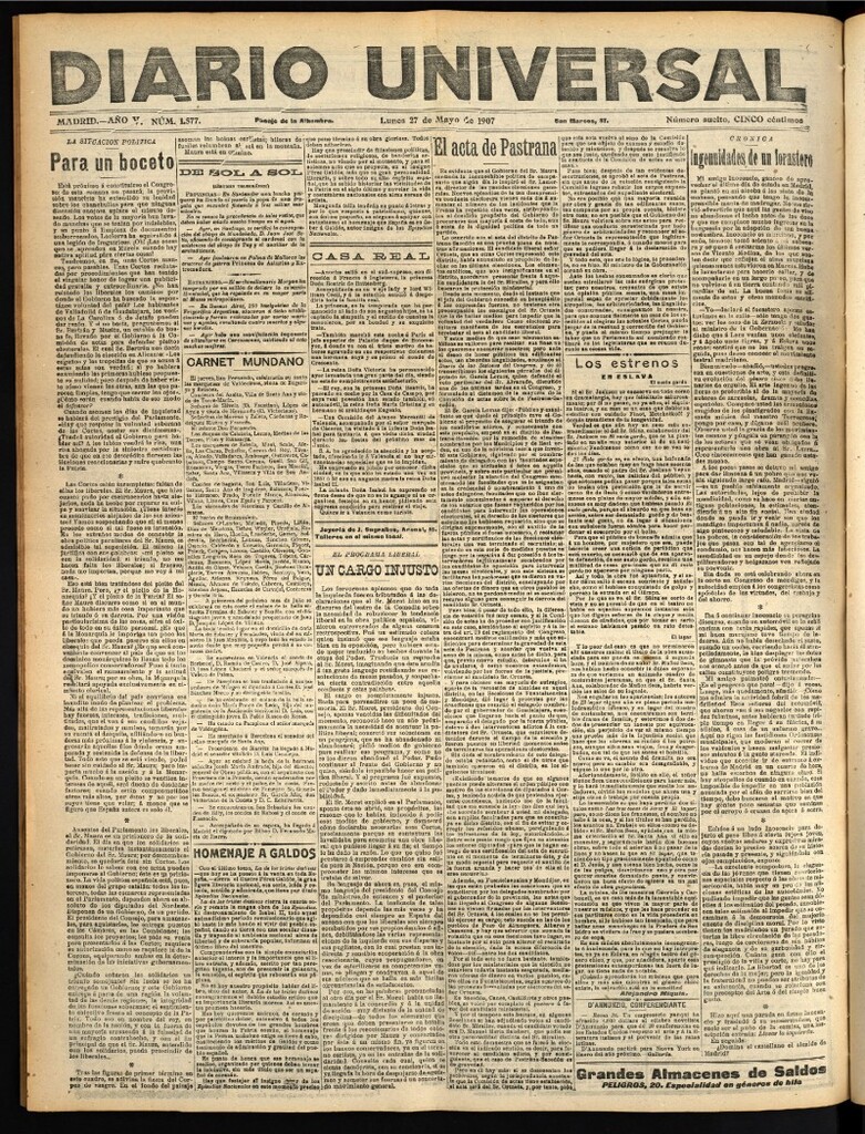 Miniatura de Diario Universal del 27 de mayo de 1907, edición de tarde