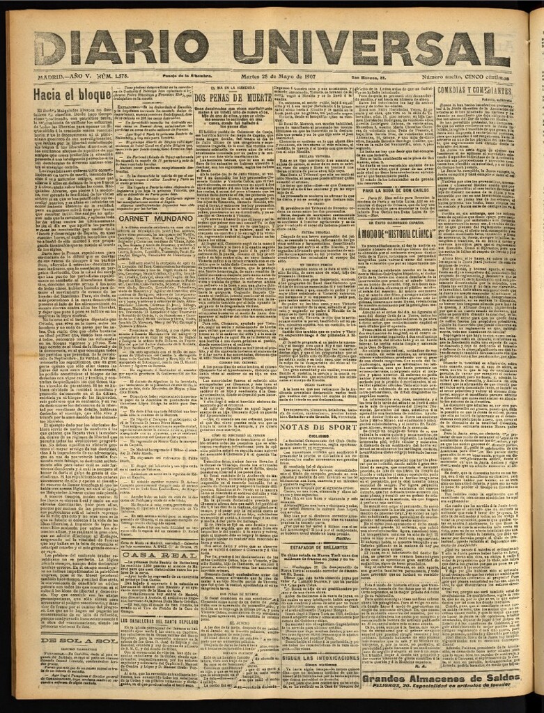 Miniatura de Diario Universal del 28 de mayo de 1907, edición de tarde
