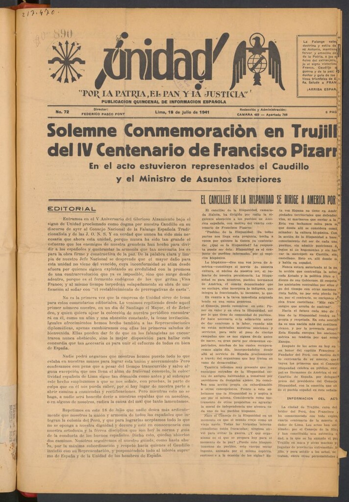 Miniatura de ¡Unidad! : órgano quincenal de la delegación de F.E.T. de las J.O.N.S. del 18 de julio de 1941