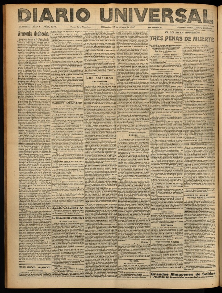 Miniatura de Diario Universal del 29 de mayo de 1907, edición de noche