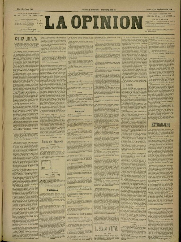 Miniatura de La Opinión del 25 de septiembre de 1888, nº 840