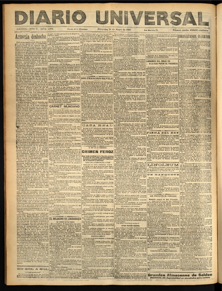 Miniatura de Diario Universal del 29 de mayo de 1907, edición de tarde