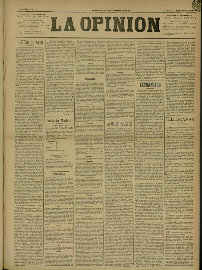 Miniatura de La Opinión del 27 de septiembre de 1888, nº 842
