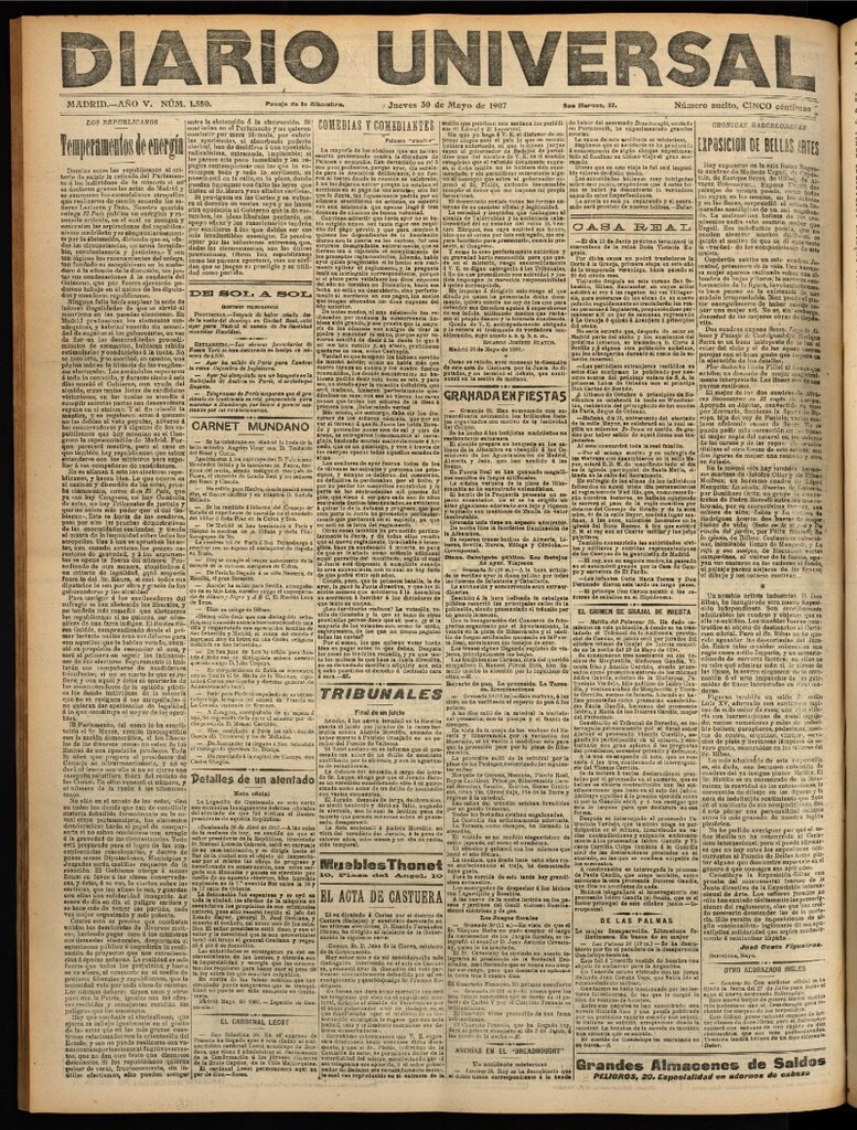 Miniatura de Diario Universal del 30 de mayo de 1907, edición de noche