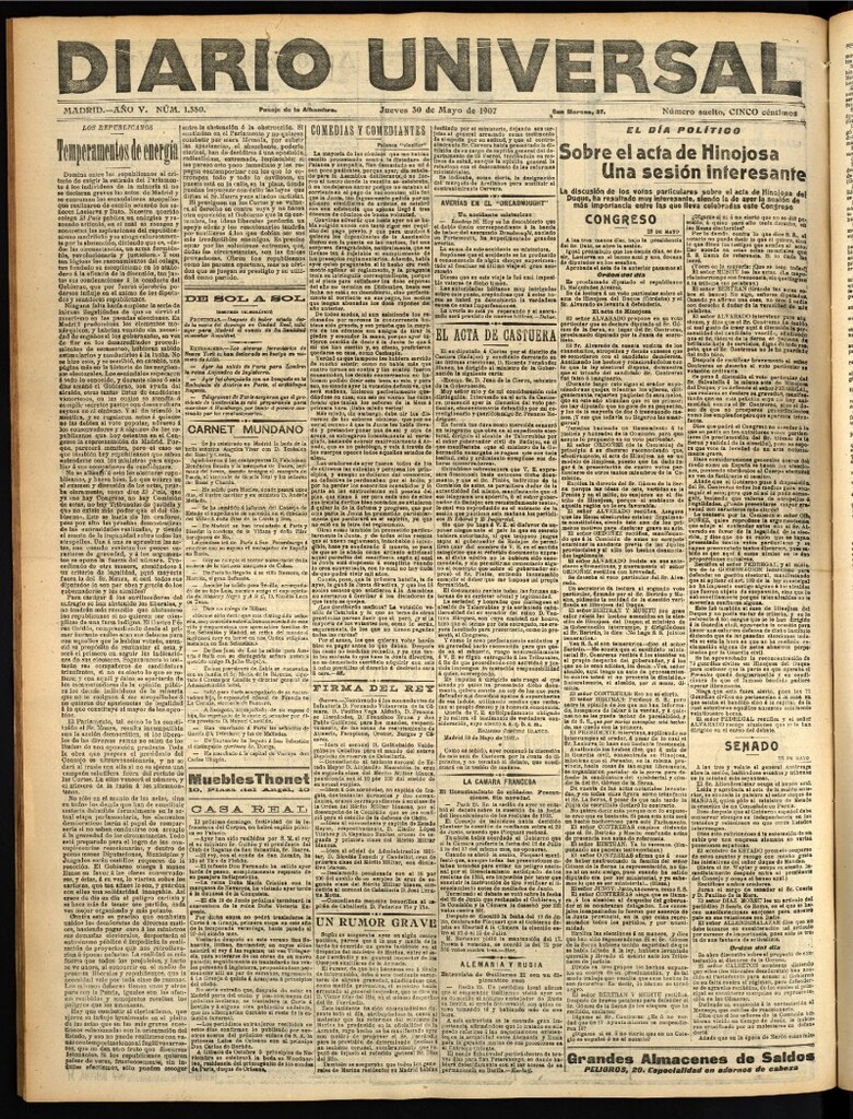 Miniatura de Diario Universal del 30 de mayo de 1907, edición de tarde
