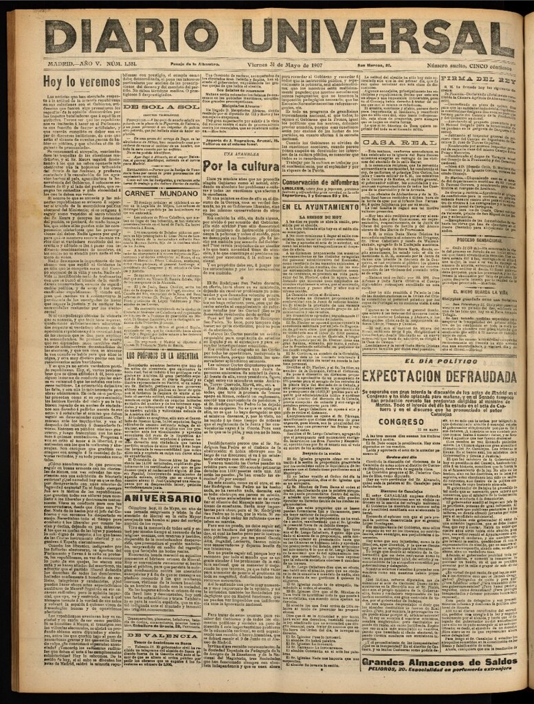 Miniatura de Diario Universal del 31 de mayo de 1907, edición de noche