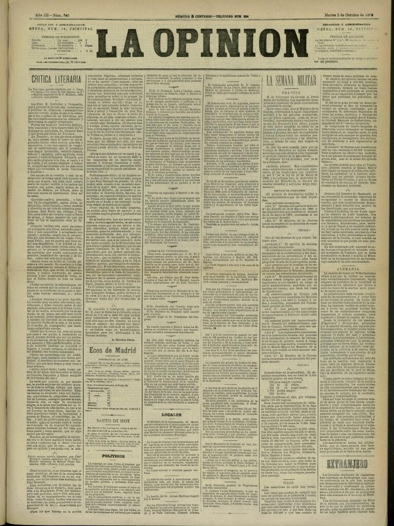 Miniatura de La Opinión del 2 de octubre de 1888, nº 846