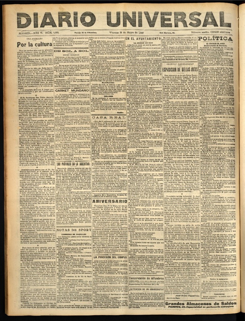 Miniatura de Diario Universal del 31 de mayo de 1907, edición de tarde