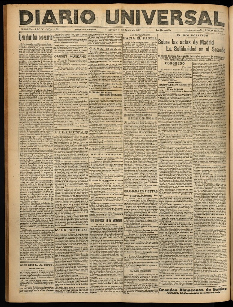 Miniatura de Diario Universal del 1 de junio de 1907, edición de noche