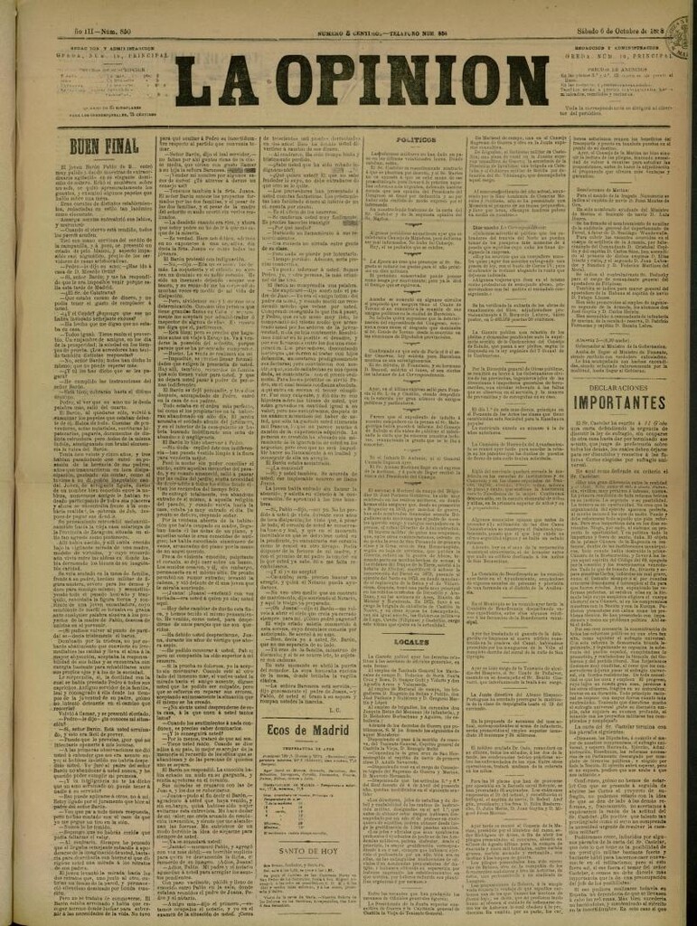 Miniatura de La Opinión del 6 de octubre de 1888, nº 850
