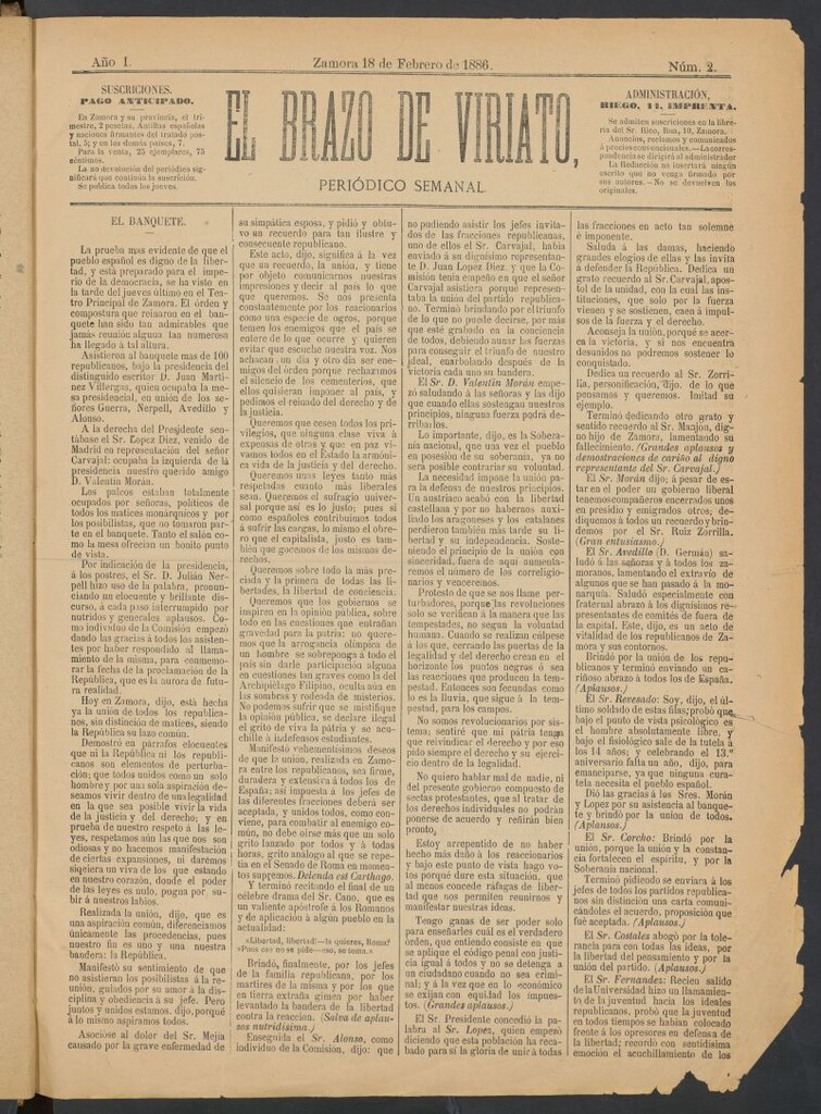 Miniatura de El Brazo de Viriato : periódico semanal del 18 de febrero de 1886