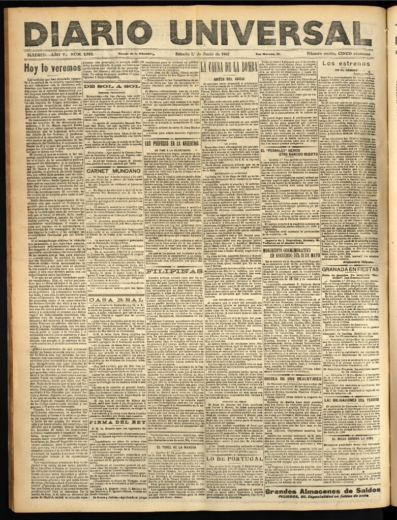 Miniatura de Diario Universal del 1 de junio de 1907, edición de tarde