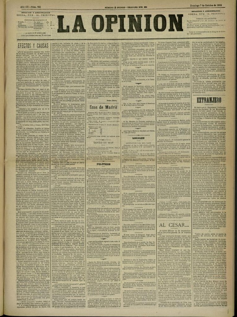 Miniatura de La Opinión del 7 de octubre de 1888, nº 851