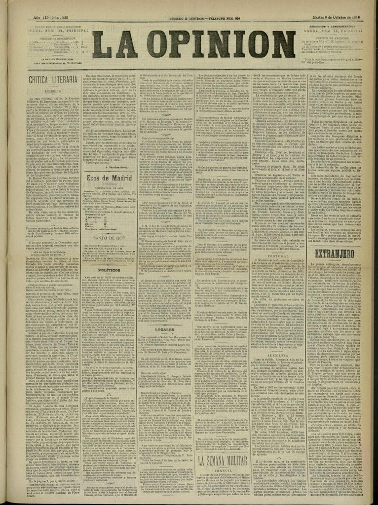 Miniatura de La Opinión del 9 de octubre de 1888, nº 852