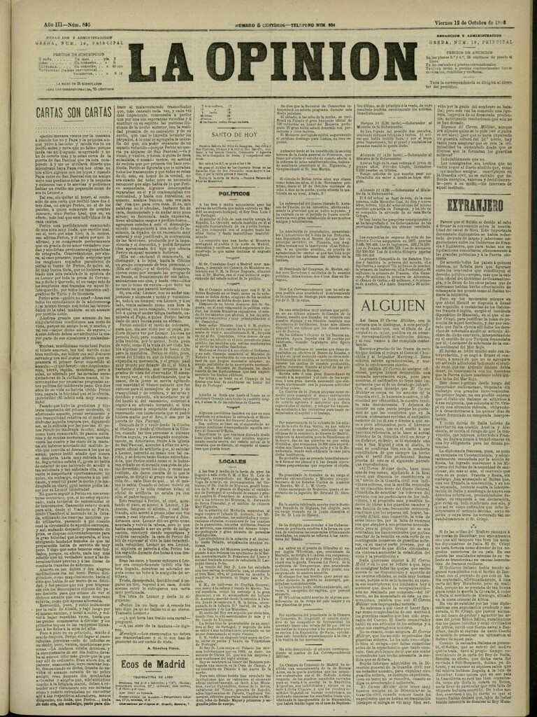Miniatura de La Opinión del 12 de octubre de 1888, nº 855