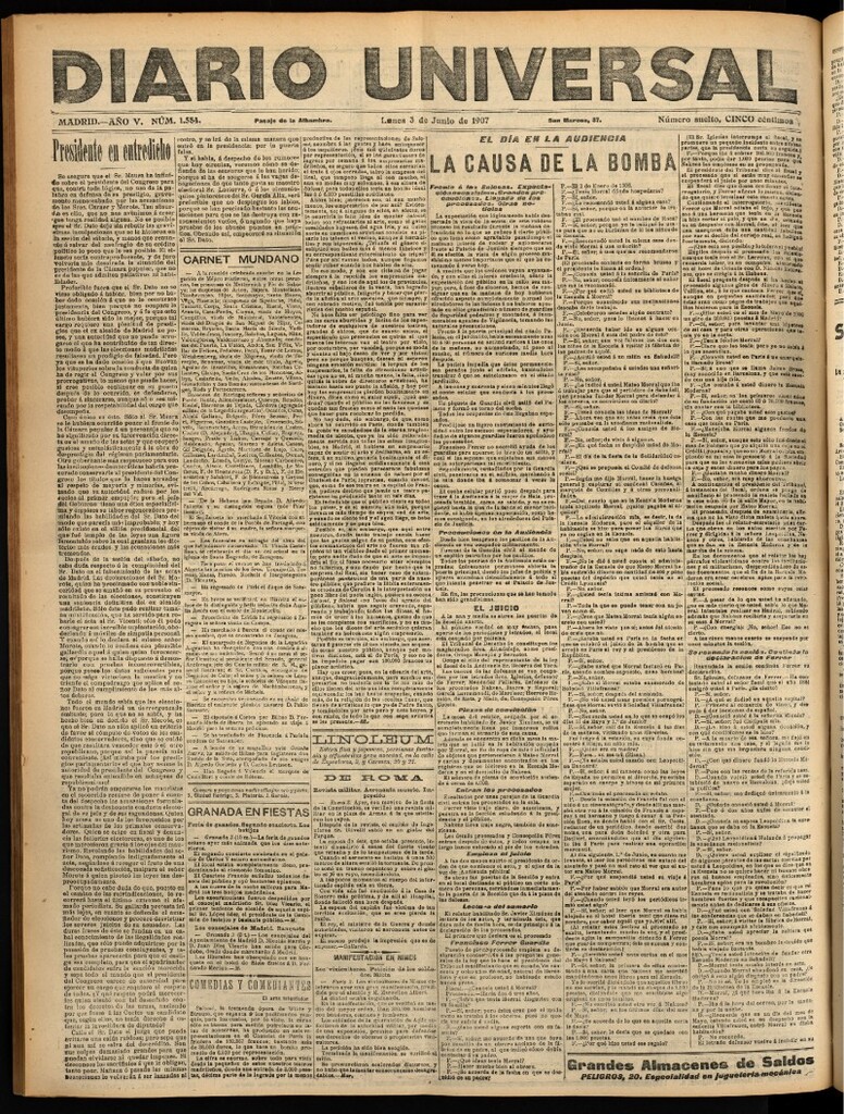 Miniatura de Diario Universal del 3 de junio de 1907, edición de noche