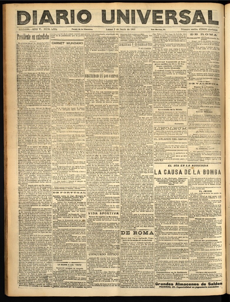 Miniatura de Diario Universal del 3 de junio de 1907, edición de tarde