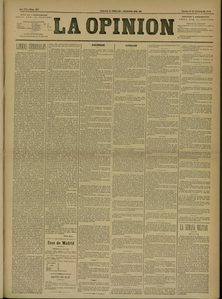 Miniatura de La Opinión del 16 de octubre de 1888, nº 857