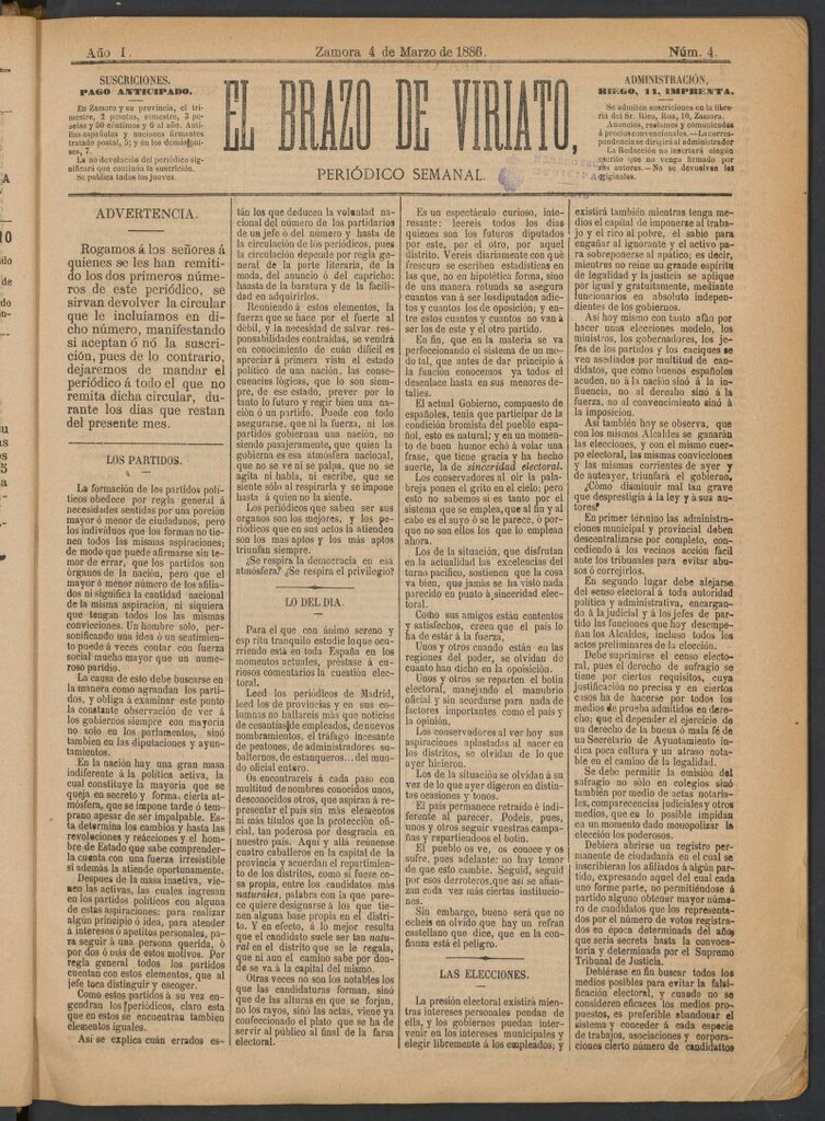 Miniatura de El Brazo de Viriato : periódico semanal del 4 de marzo de 1886