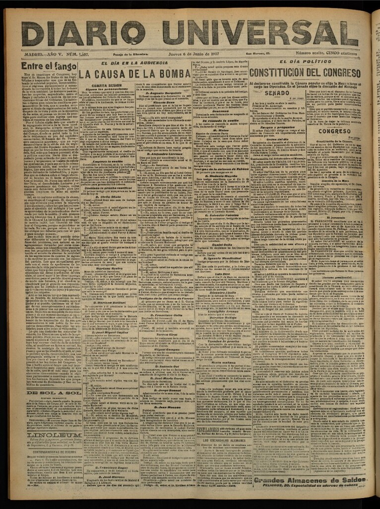 Miniatura de Diario Universal del 6 de junio de 1907, edición de noche
