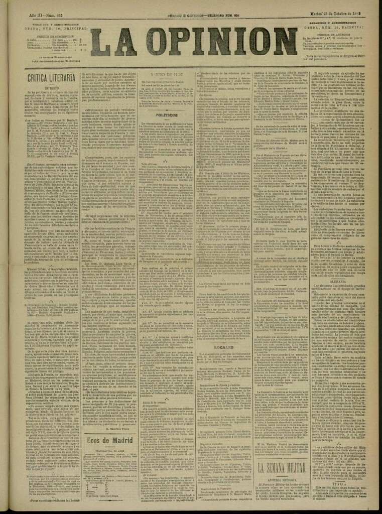 Miniatura de La Opinión del 23 de octubre de 1888, nº 863
