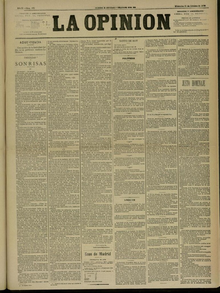 Miniatura de La Opinión del 31 de octubre de 1888, nº 870