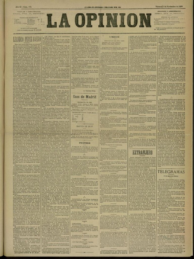 Miniatura de La Opinión del 2 de noviembre de 1888, nº 871