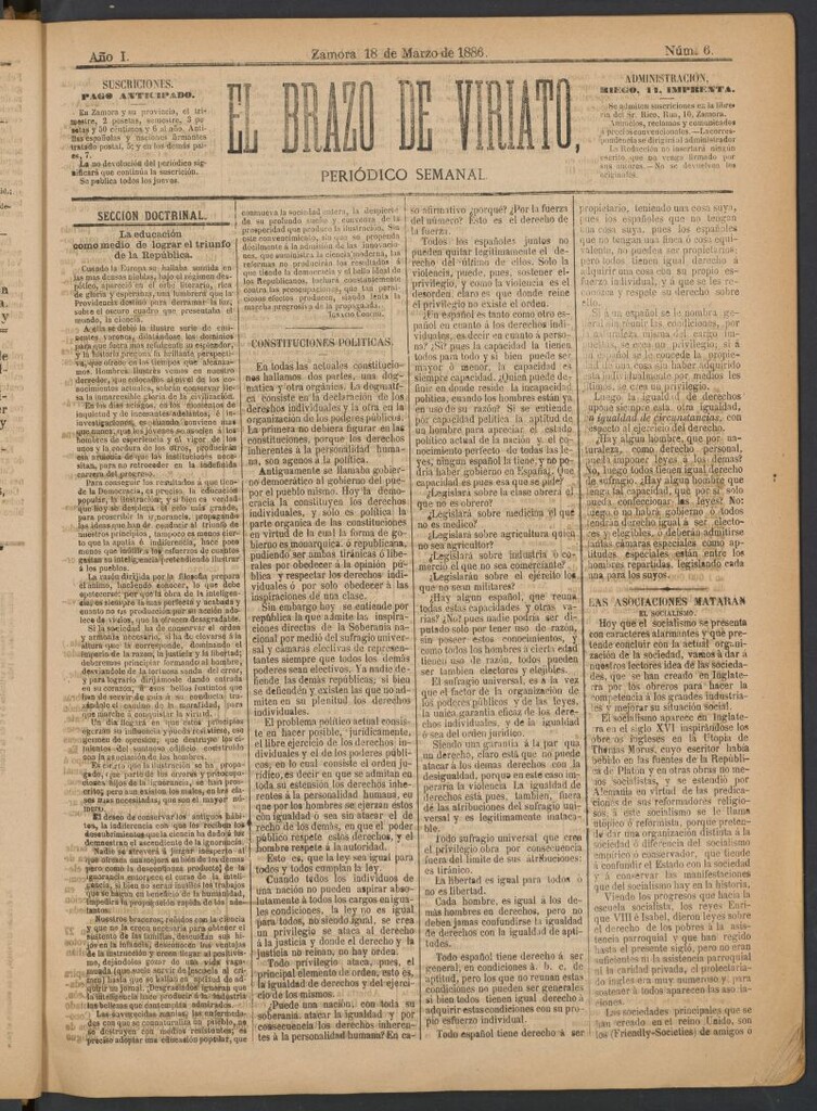 Miniatura de El Brazo de Viriato : periódico semanal del 18 de marzo de 1886