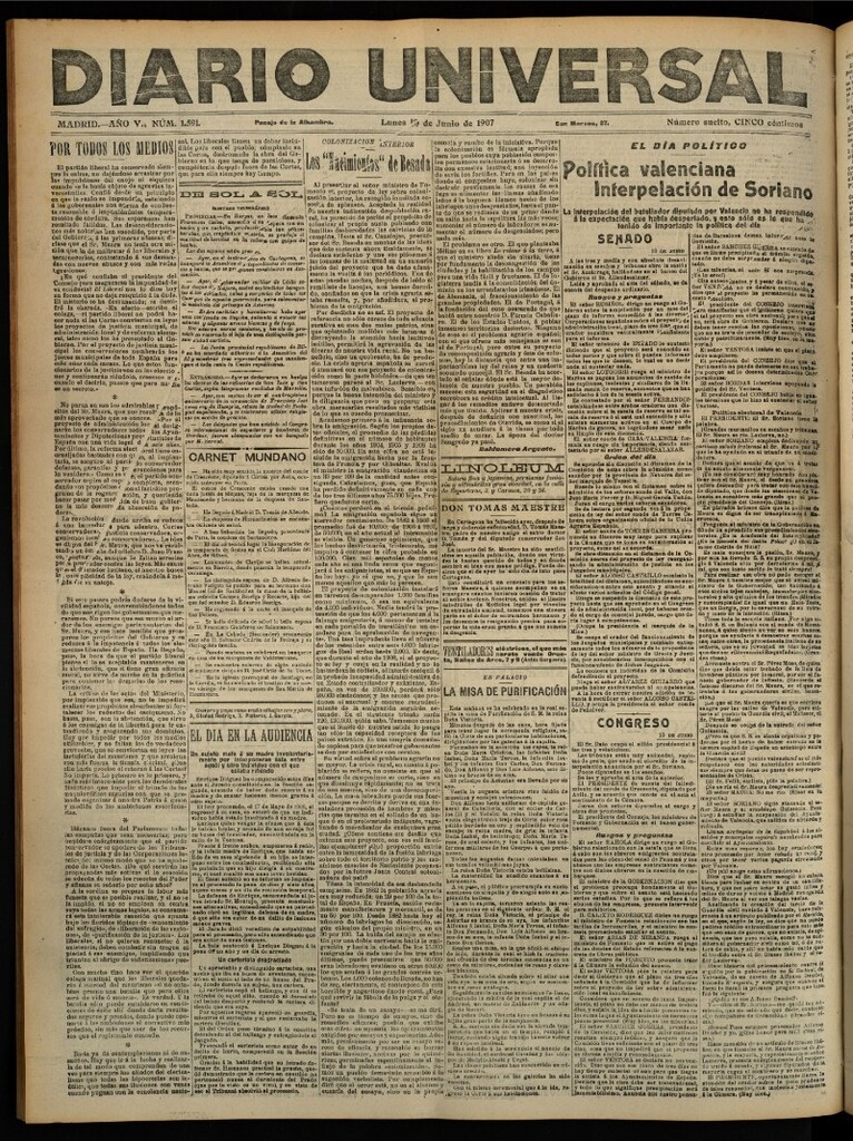 Miniatura de Diario Universal del 10 de junio de 1907, edición de noche