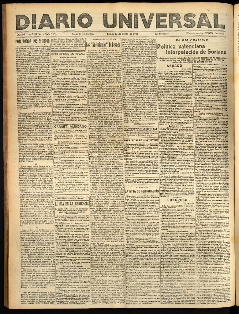 Miniatura de Diario Universal del 10 de junio de 1907, edición de tarde