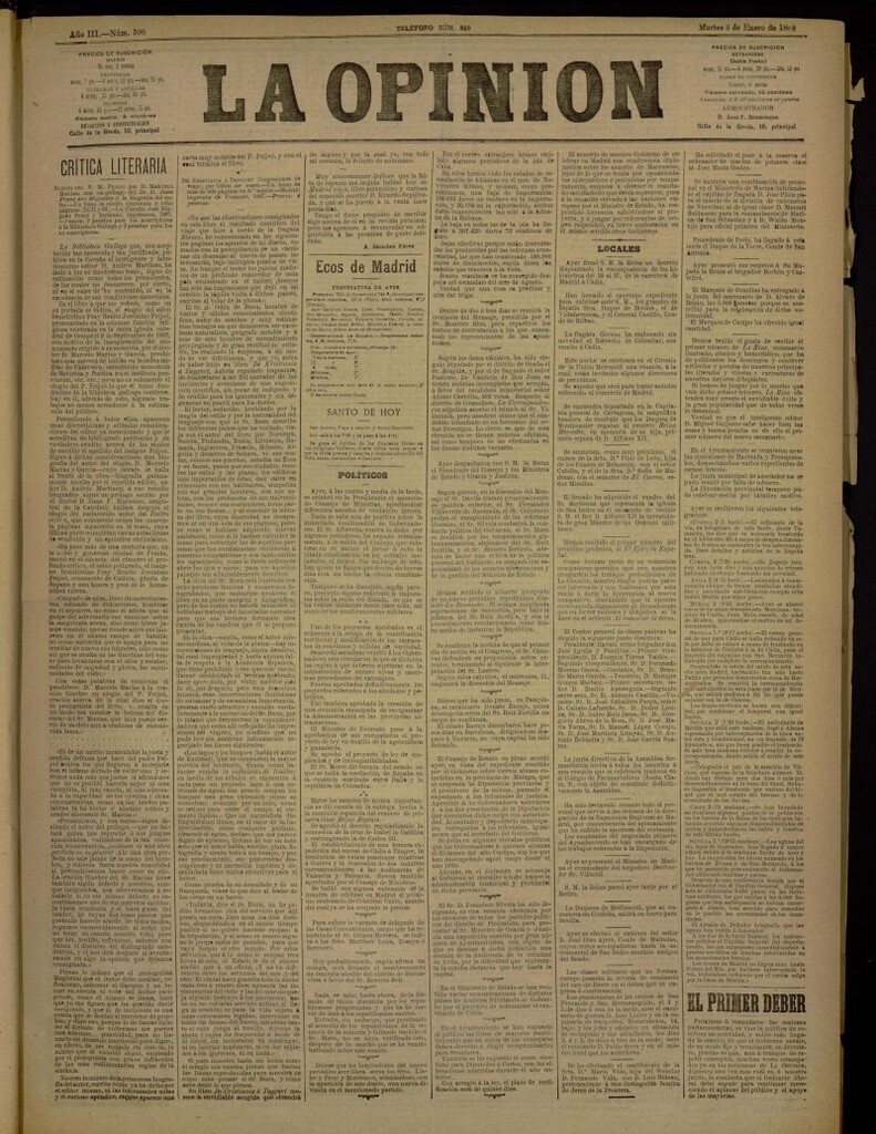 Miniatura de La Opinión del 3 de enero de 1888, nº 596