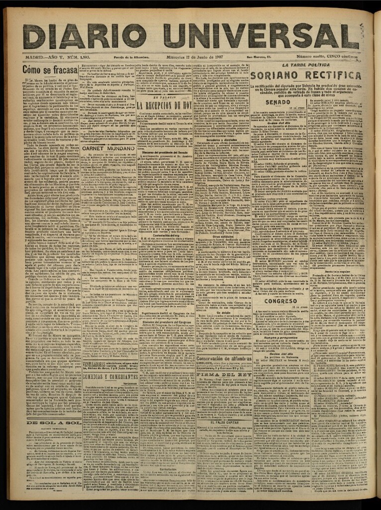 Miniatura de Diario Universal del 12 de junio de 1907, edición de noche