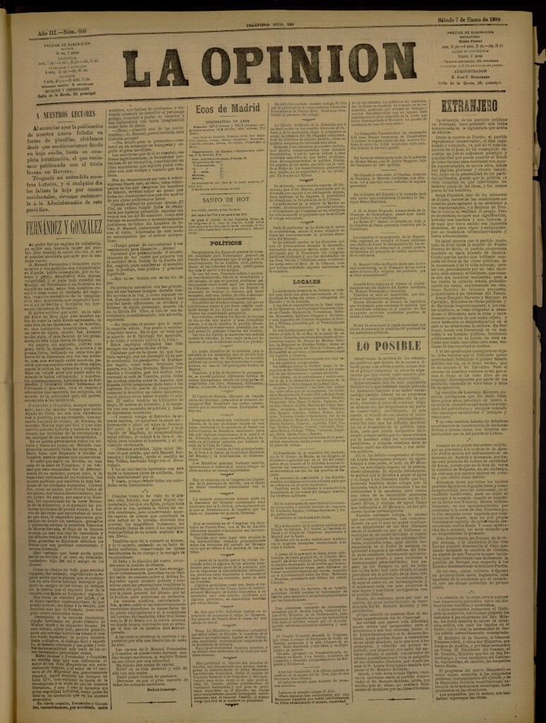 Miniatura de La Opinión del 7 de enero de 1888, nº 600