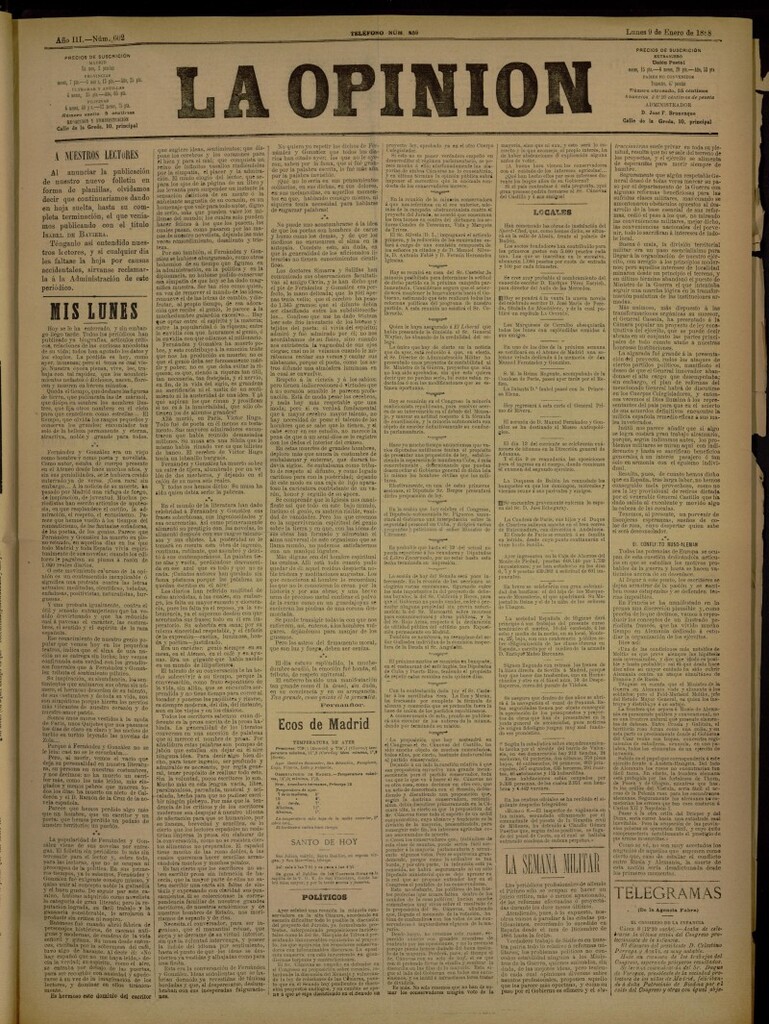 Miniatura de La Opinión del 9 de enero de 1888, nº 602