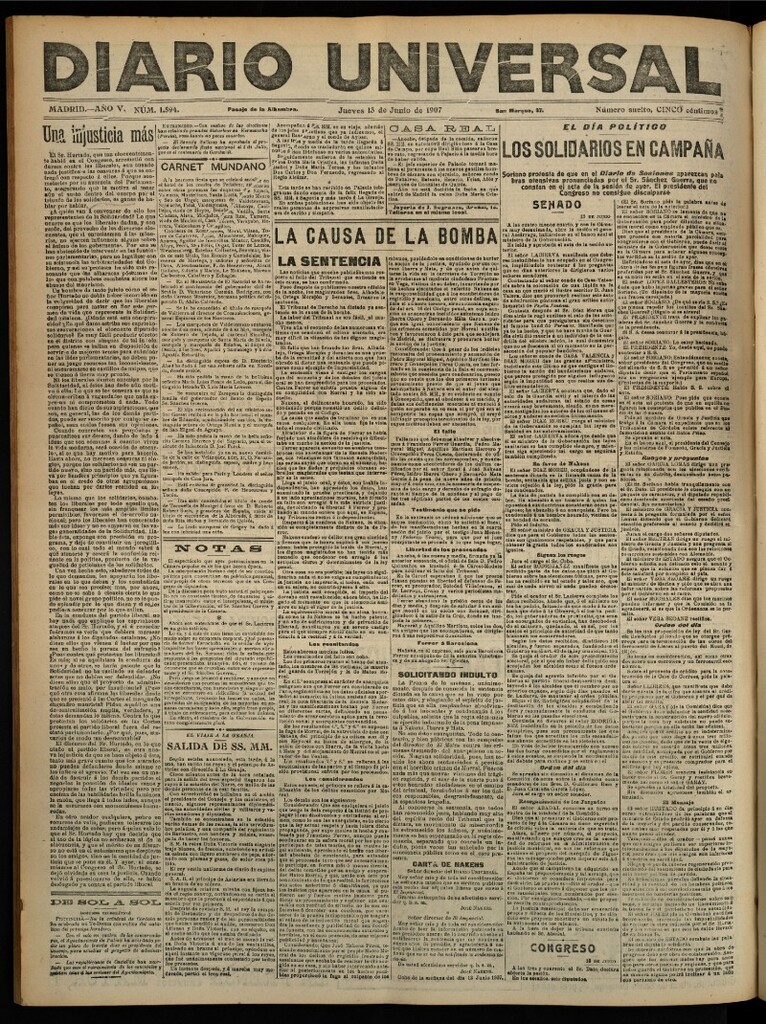Miniatura de Diario Universal del 13 de junio de 1907, edición de noche