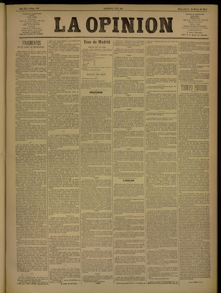 Miniatura de La Opinión del 11 de enero de 1888, nº 604