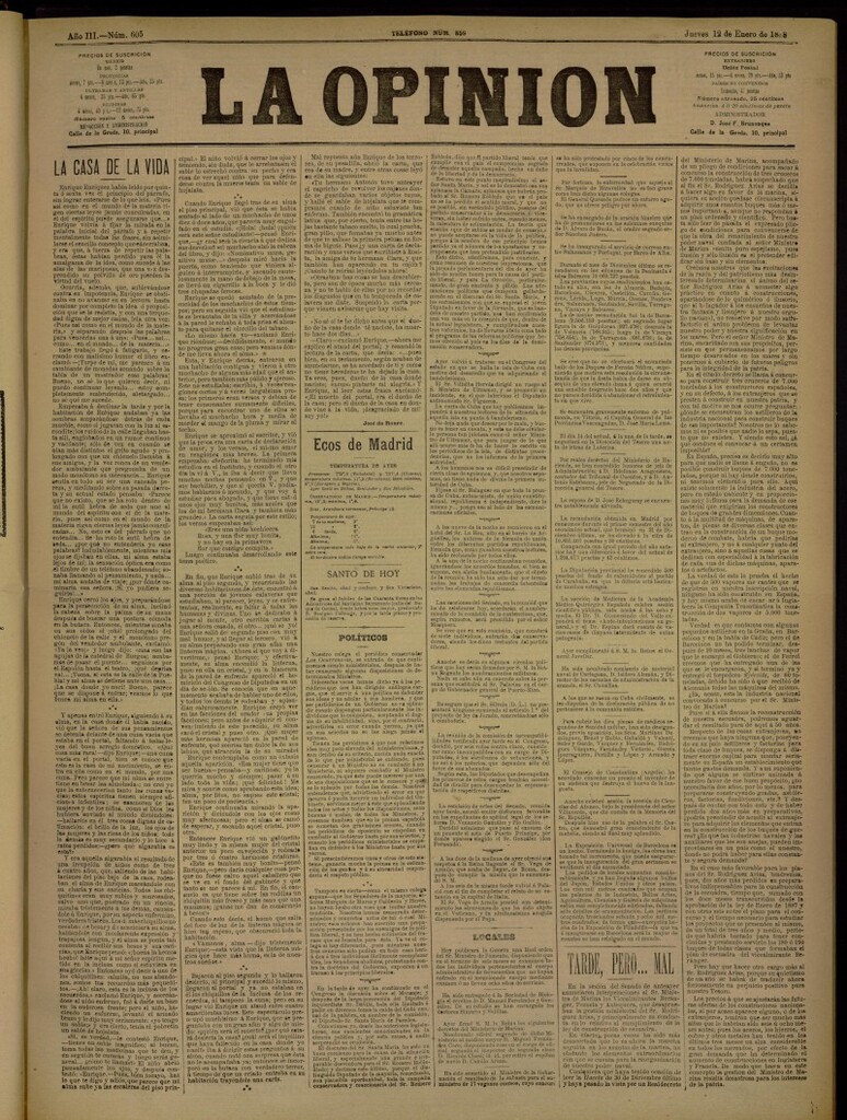 Miniatura de La Opinión del 12 de enero de 1888, nº 605