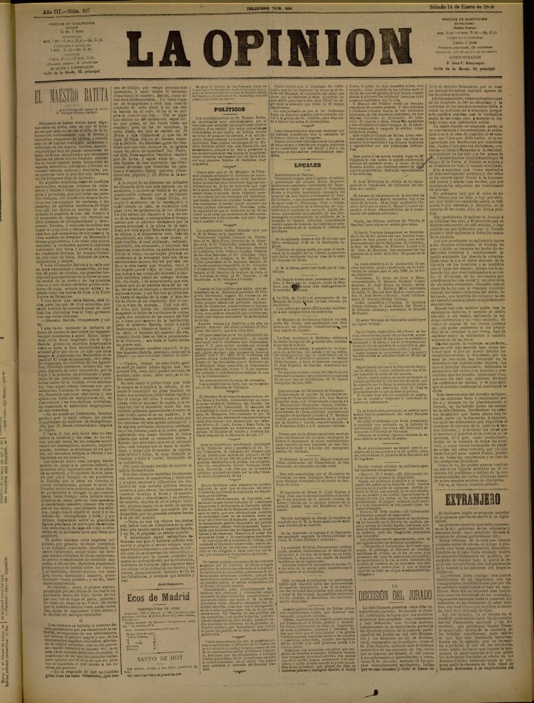 Miniatura de La Opinión del 14 de enero de 1888, nº 607