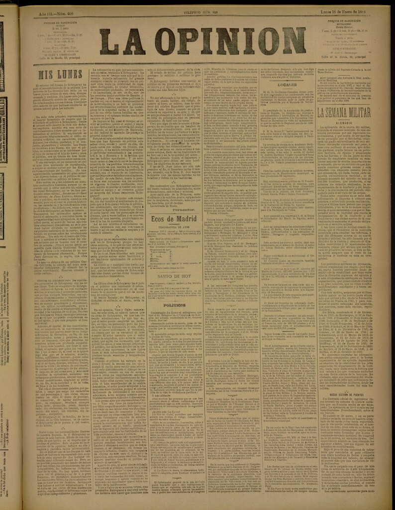 Miniatura de La Opinión del 16 de enero de 1888, nº 609