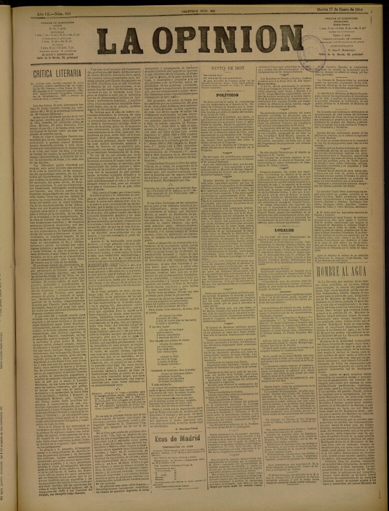 Miniatura de La Opinión del 17 de enero de 1888, nº 610
