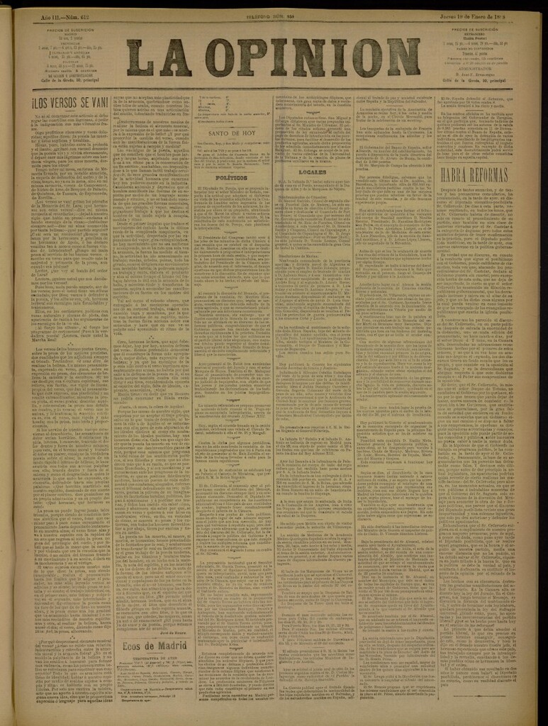 Miniatura de La Opinión del 19 de enero de 1888, nº 612