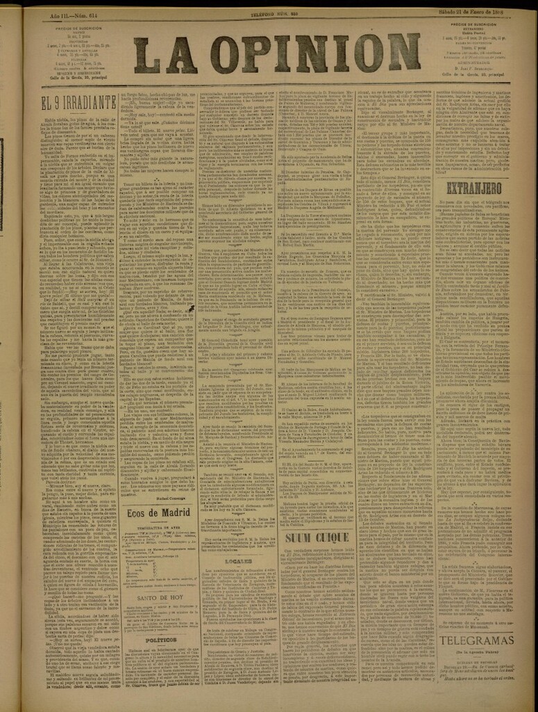 Miniatura de La Opinión del 21 de enero de 1888, nº 614