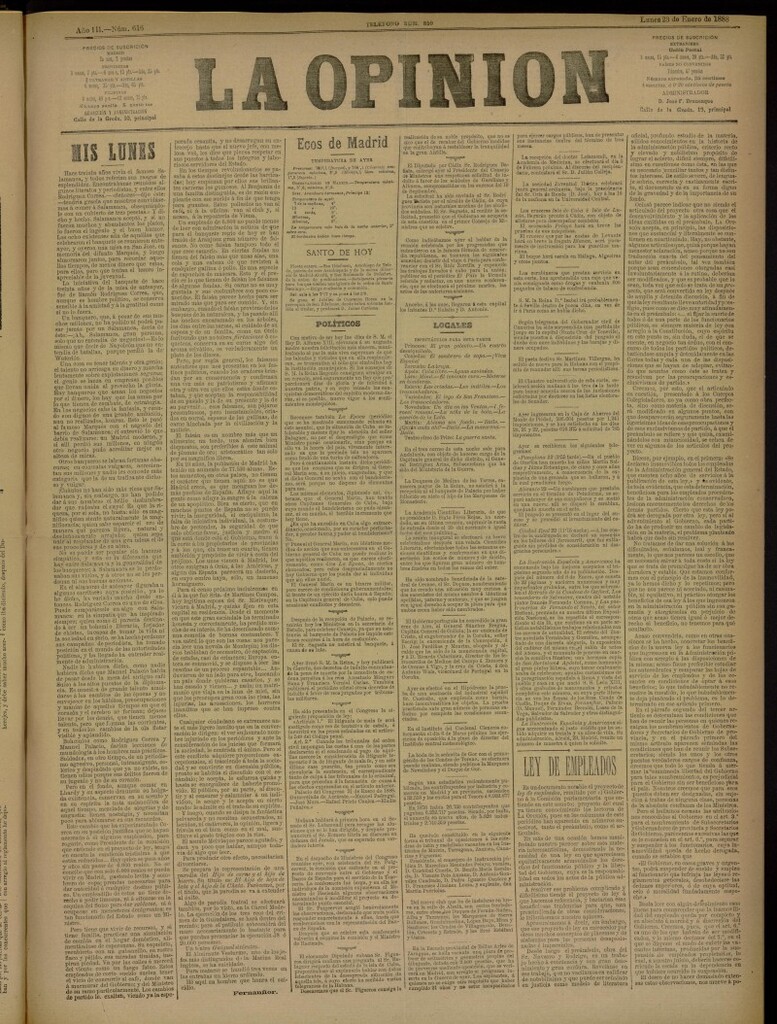Miniatura de La Opinión del 23 de enero de 1888, nº 616