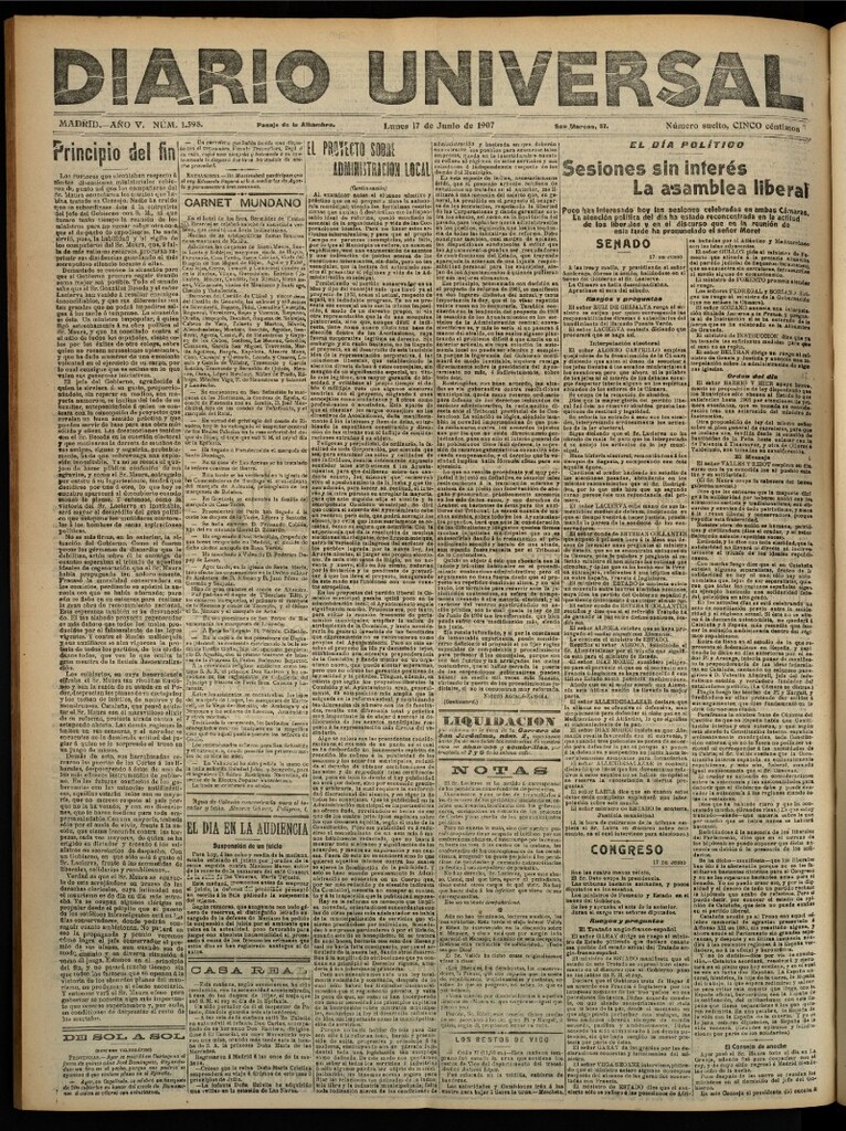 Miniatura de Diario Universal del 17 de junio de 1907, edición de noche